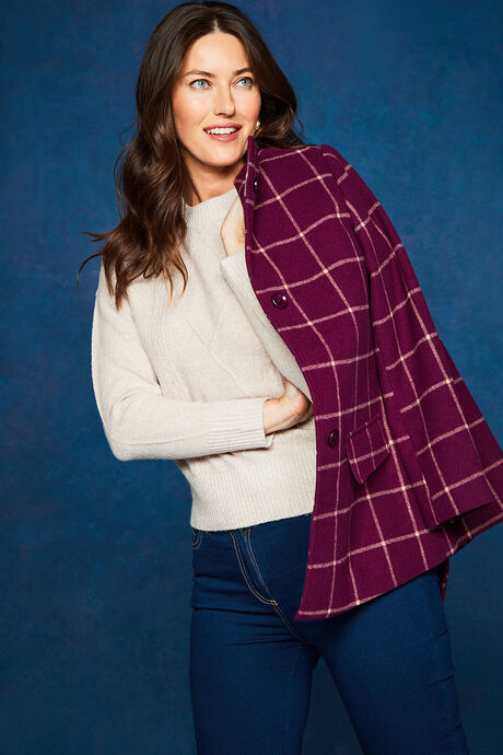 Check Print Funnel Neck Coat